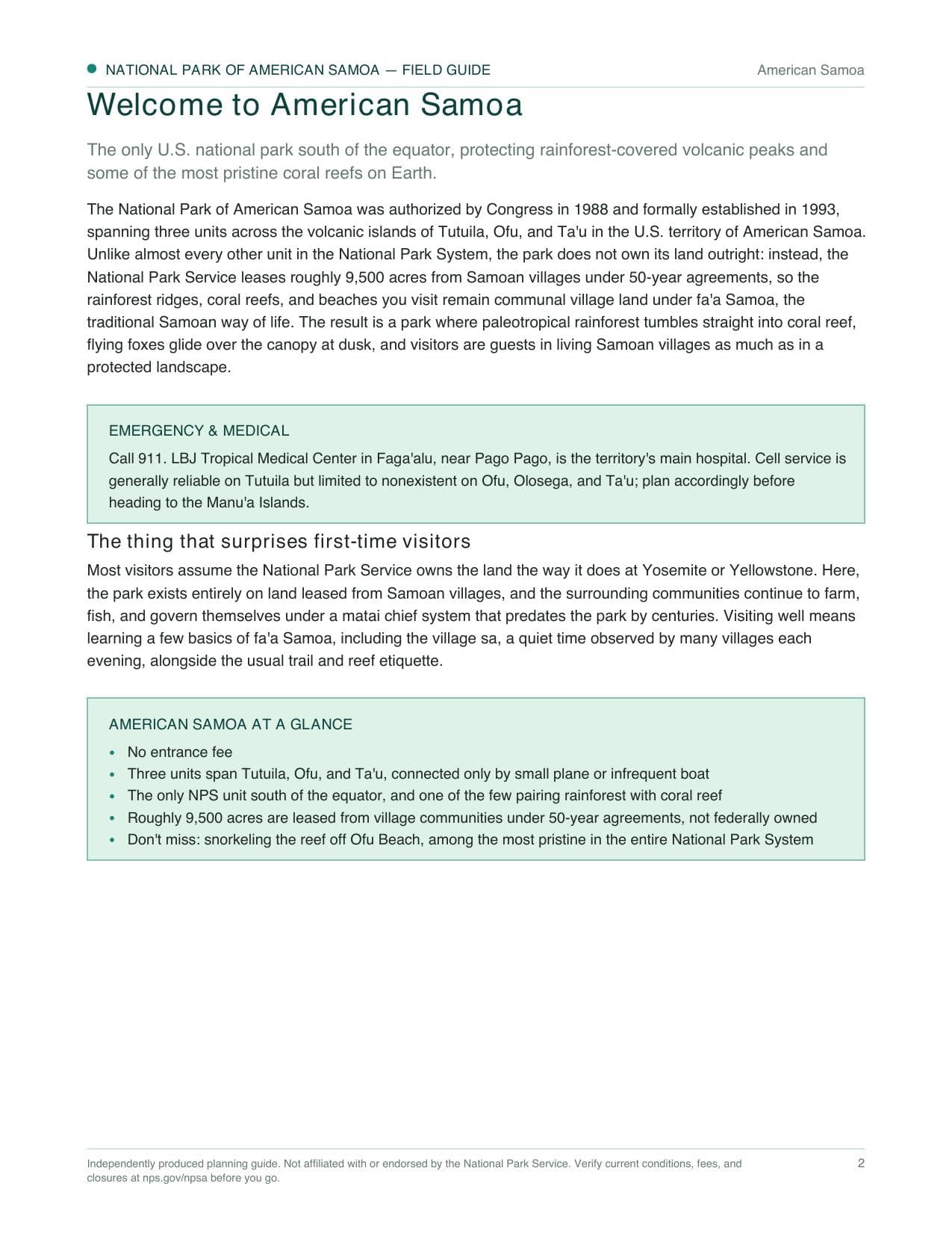 Sample page 1 from the National Park of American Samoa guide