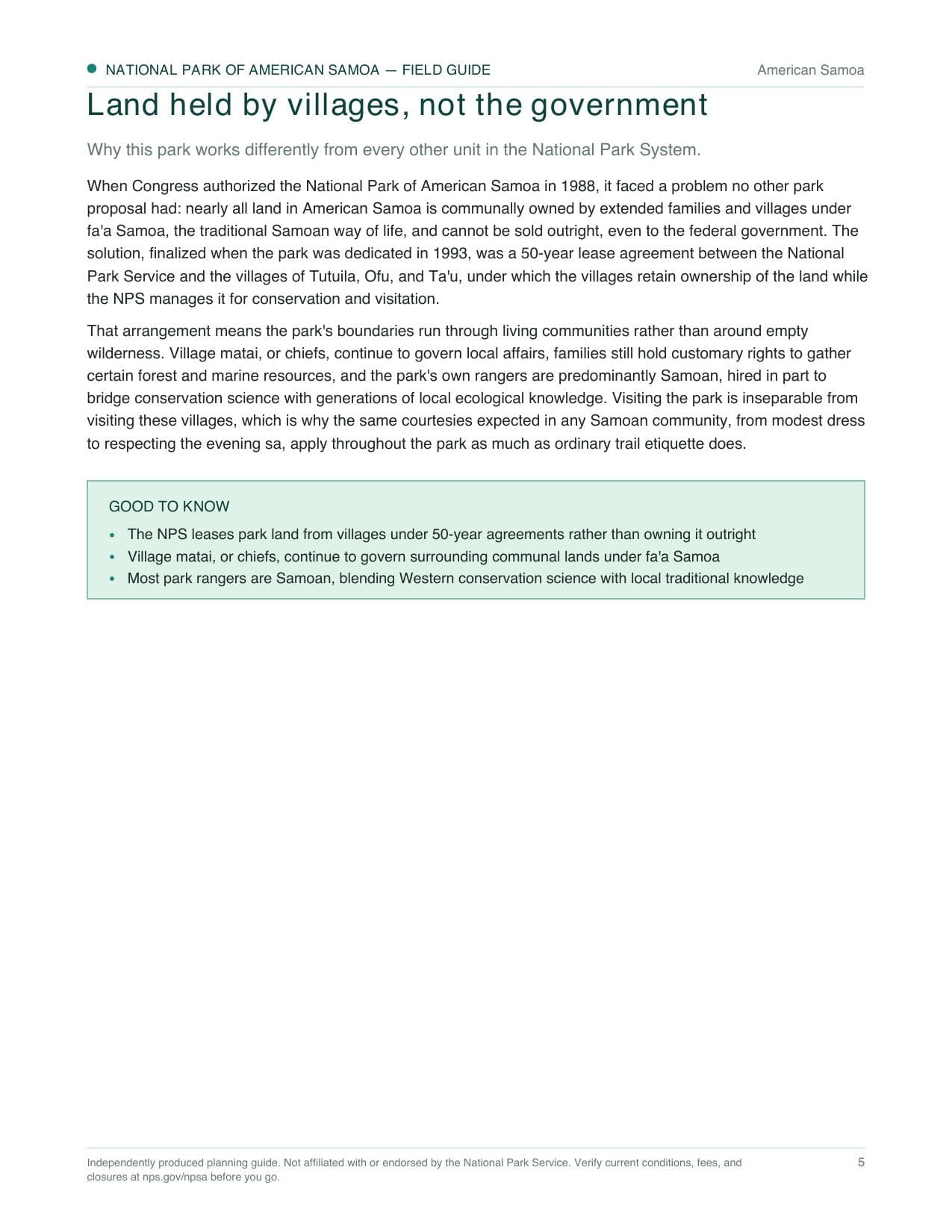 Sample page 2 from the National Park of American Samoa guide