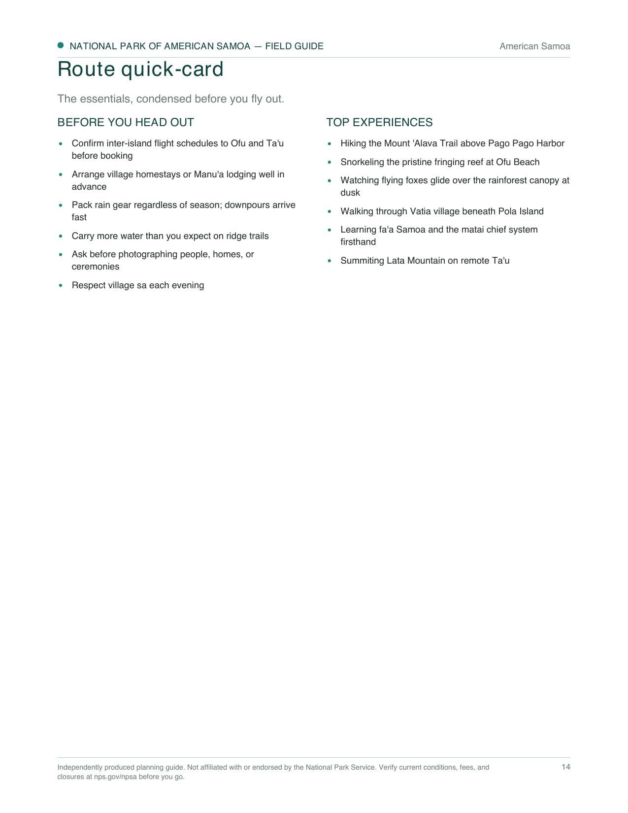 Sample page 3 from the National Park of American Samoa guide