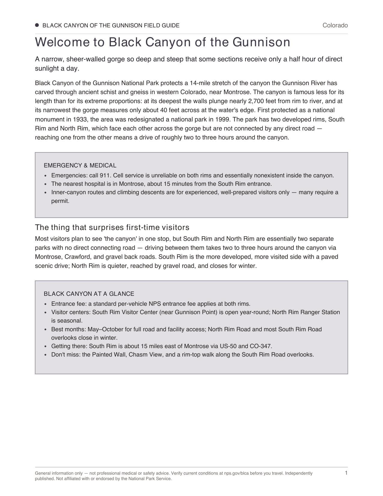 Sample page 1 from the Black Canyon of the Gunnison guide