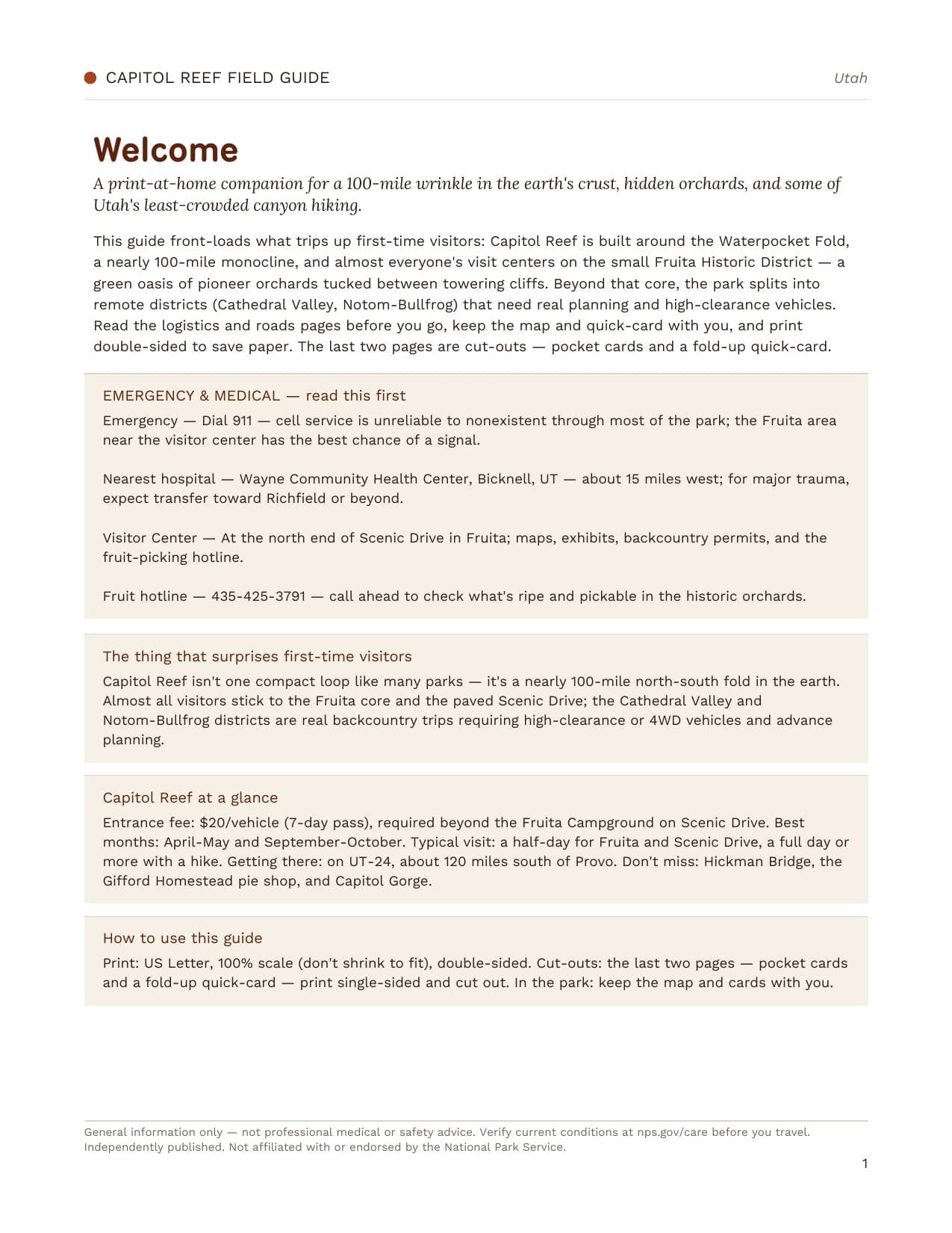 Sample page 1 from the Capitol Reef guide
