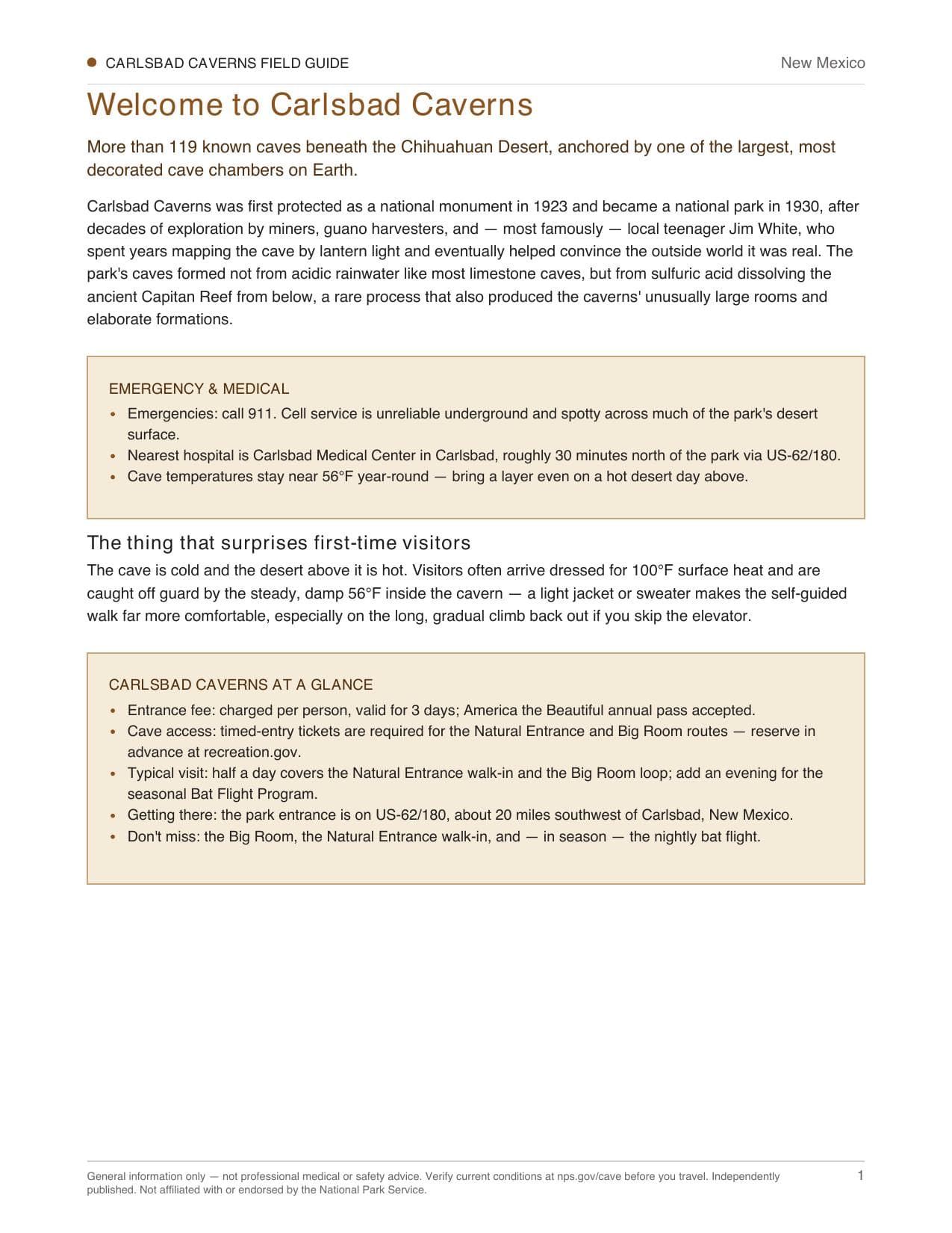 Sample page 1 from the Carlsbad Caverns guide