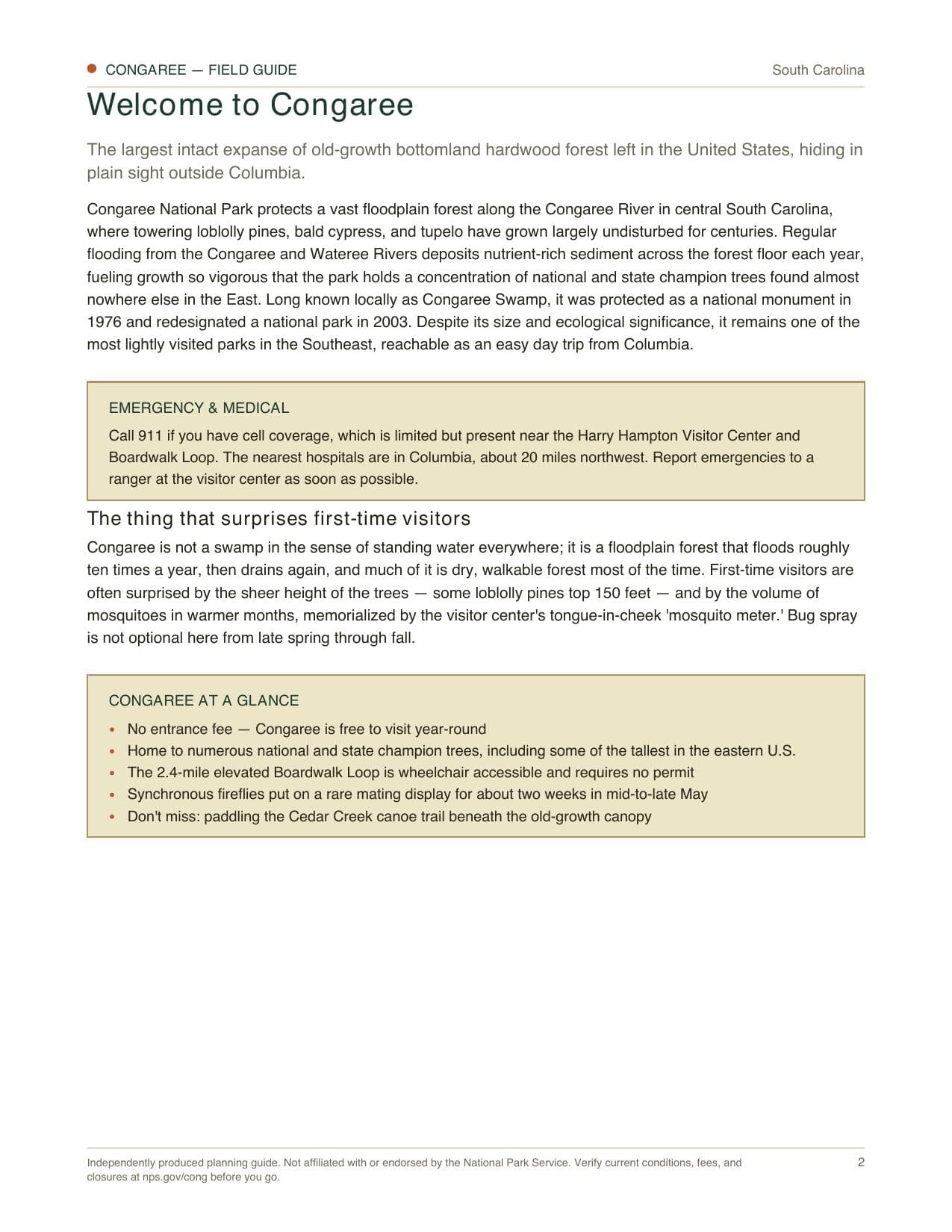 Sample page 1 from the Congaree guide