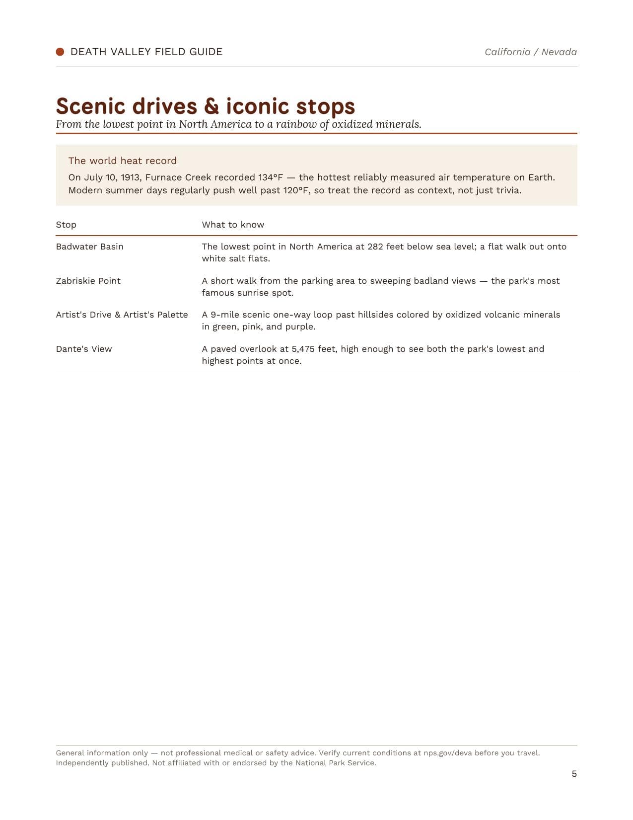 Sample page 2 from the Death Valley guide