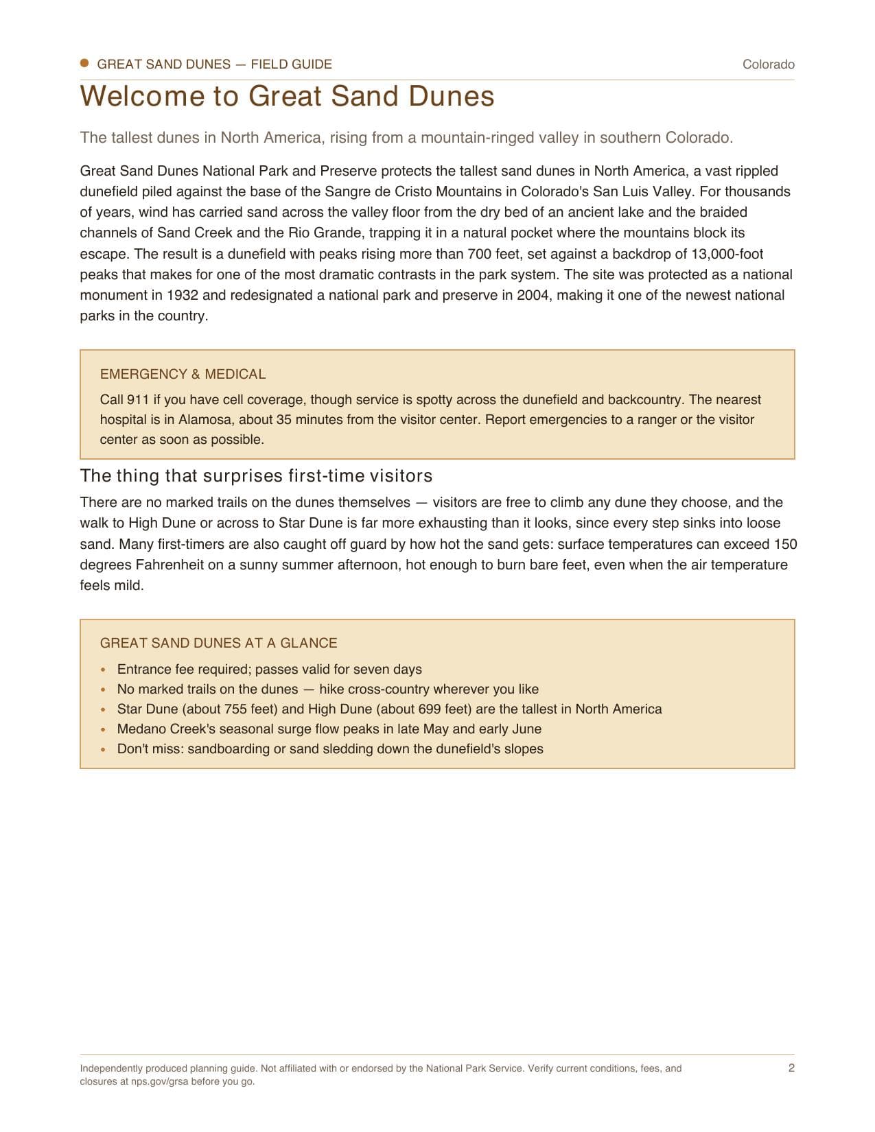 Sample page 1 from the Great Sand Dunes guide