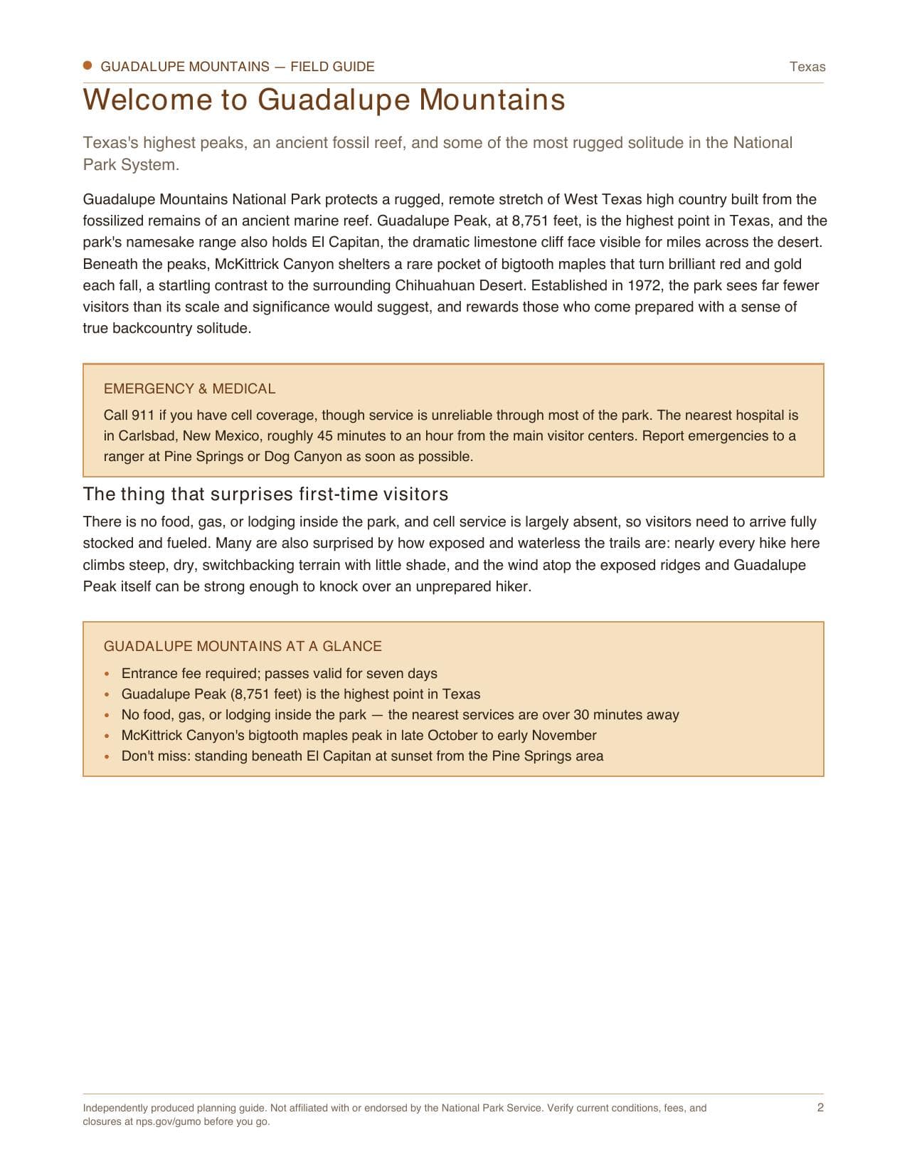 Sample page 1 from the Guadalupe Mountains guide