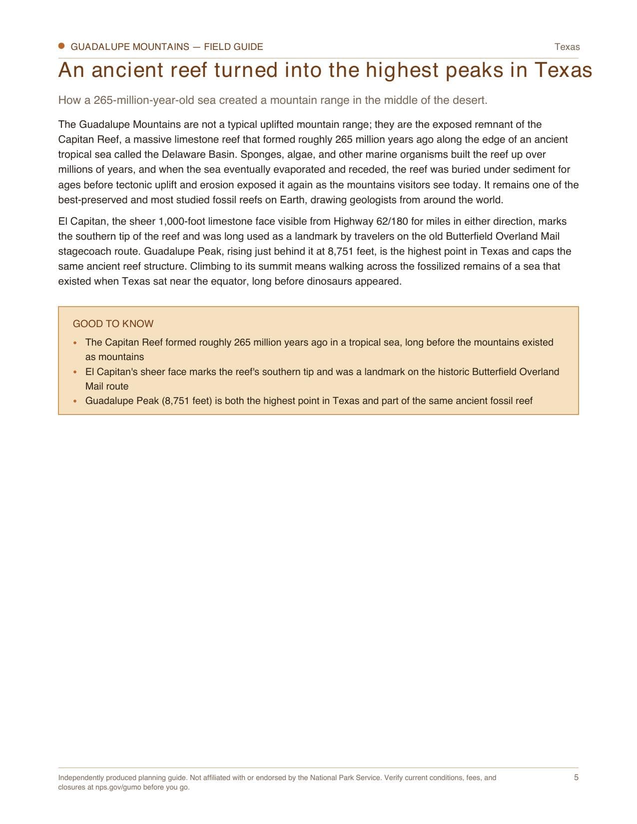 Sample page 2 from the Guadalupe Mountains guide
