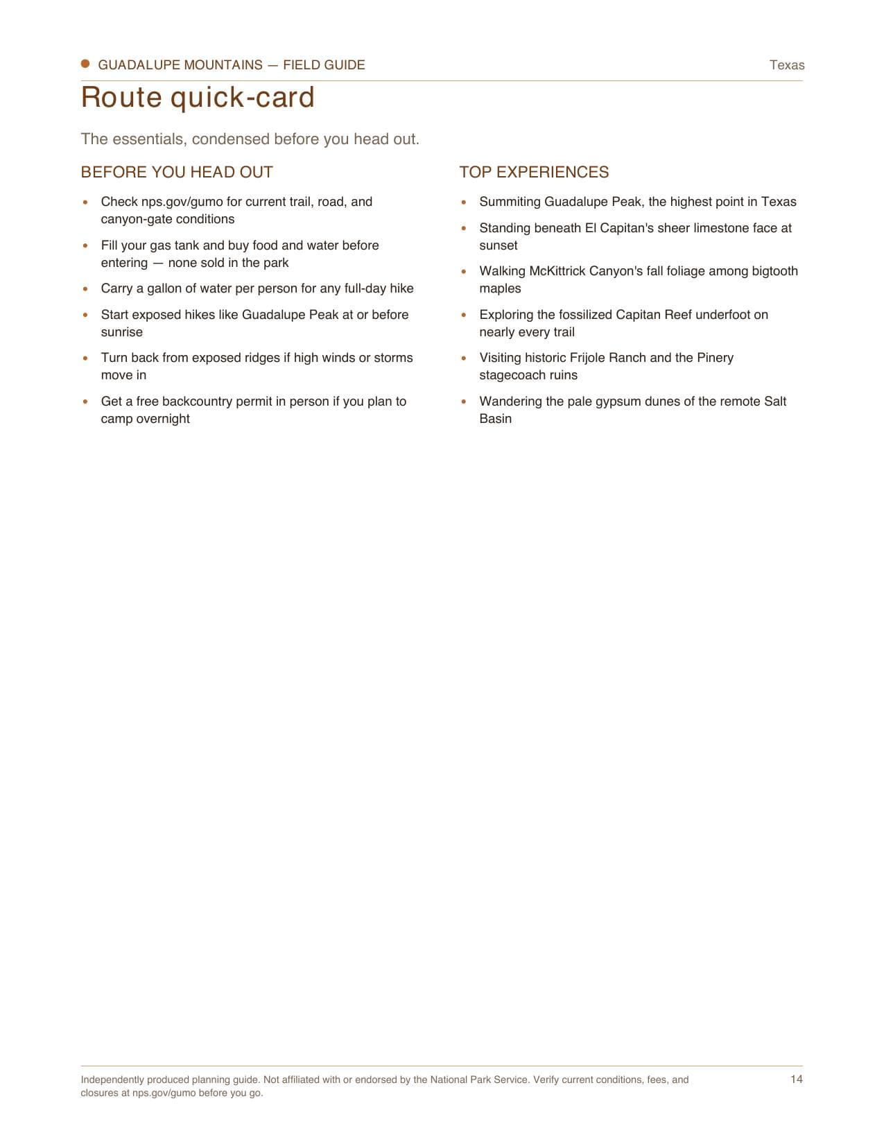 Sample page 3 from the Guadalupe Mountains guide