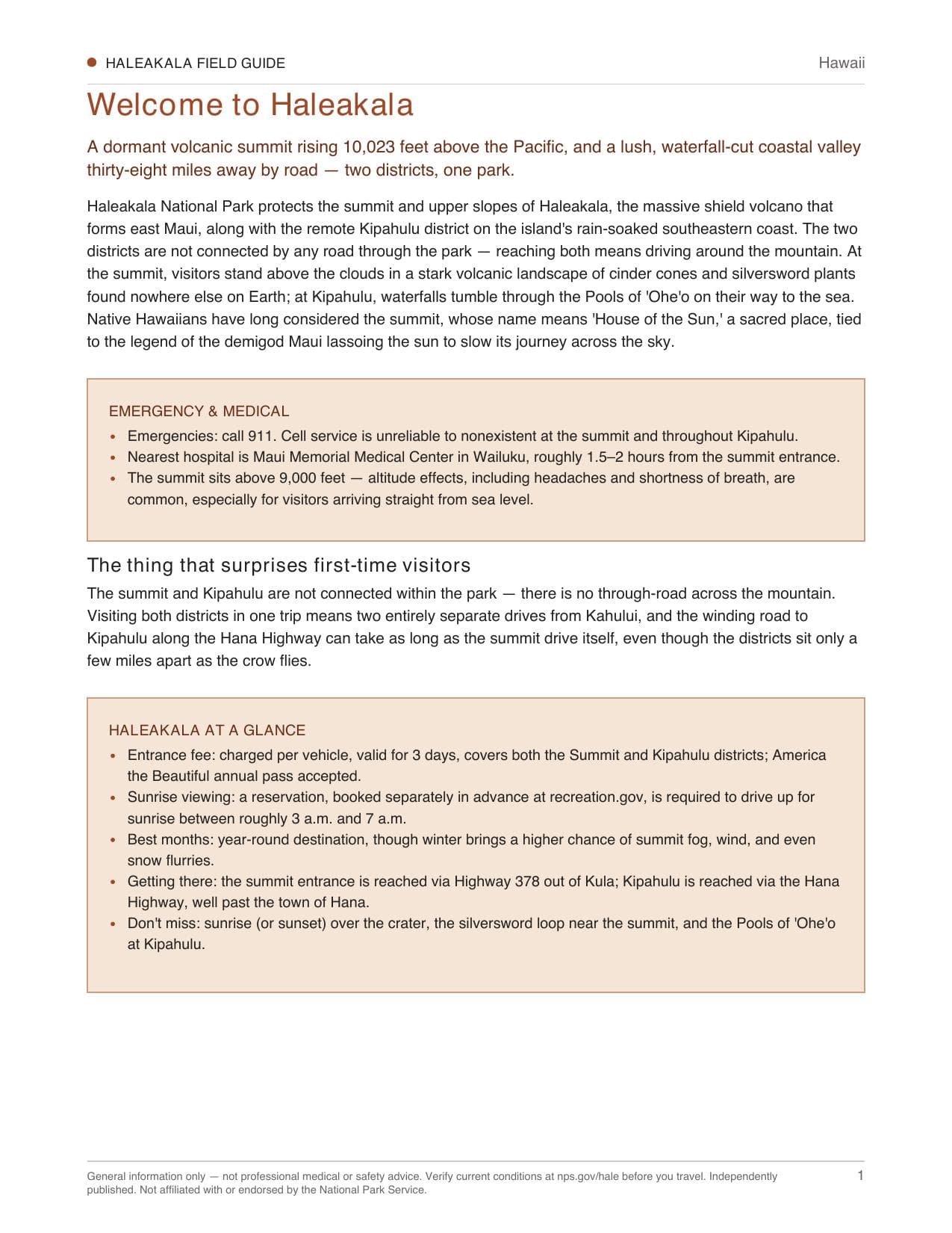 Sample page 1 from the Haleakalā guide