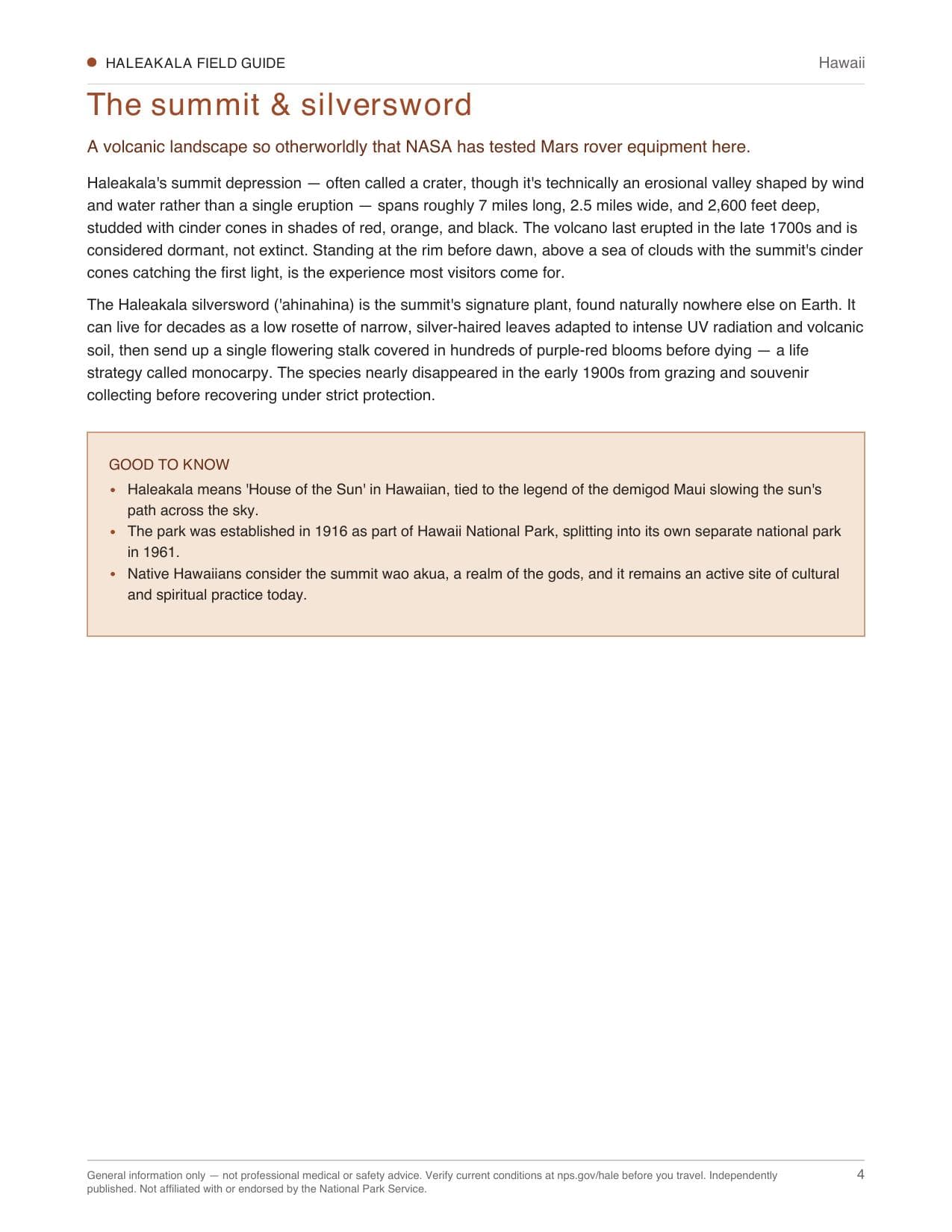 Sample page 2 from the Haleakalā guide