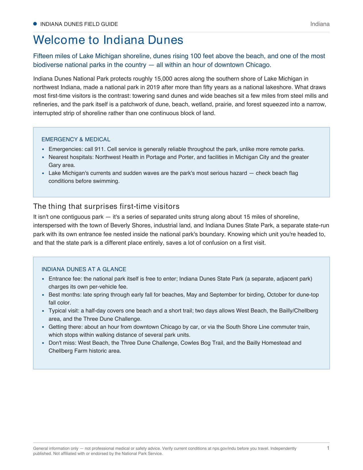 Sample page 1 from the Indiana Dunes guide