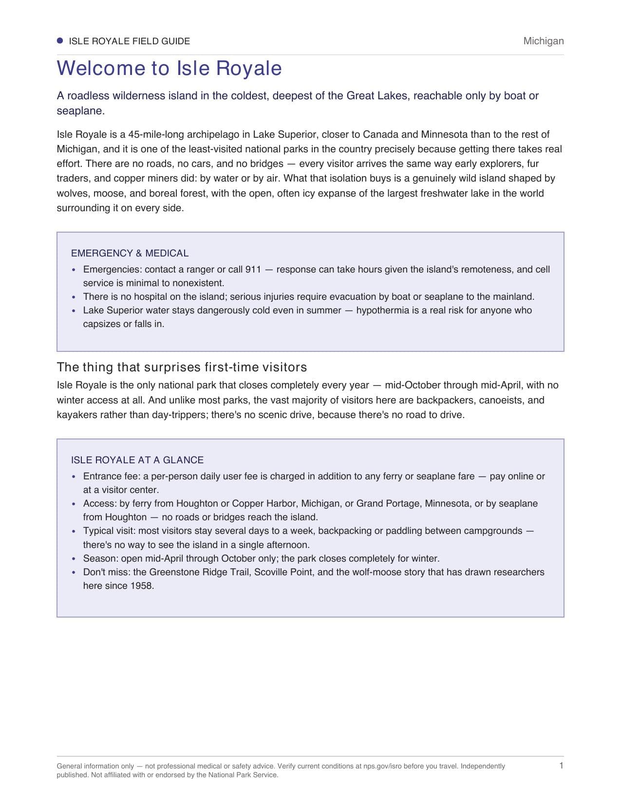 Sample page 1 from the Isle Royale guide