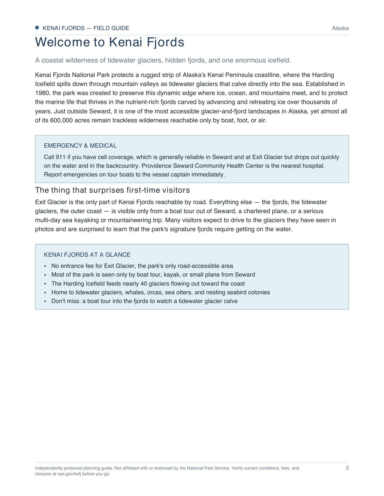 Sample page 1 from the Kenai Fjords guide