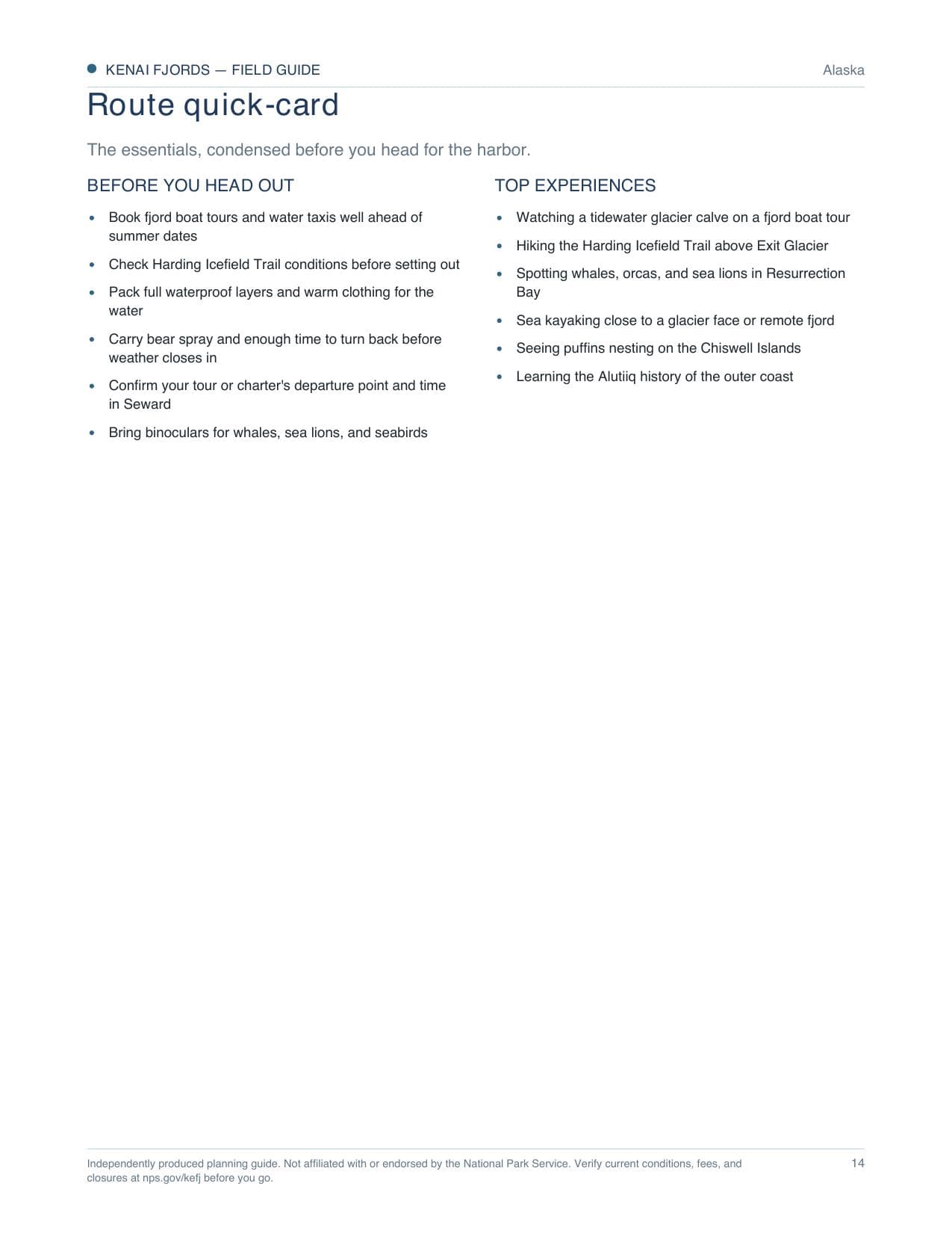 Sample page 3 from the Kenai Fjords guide