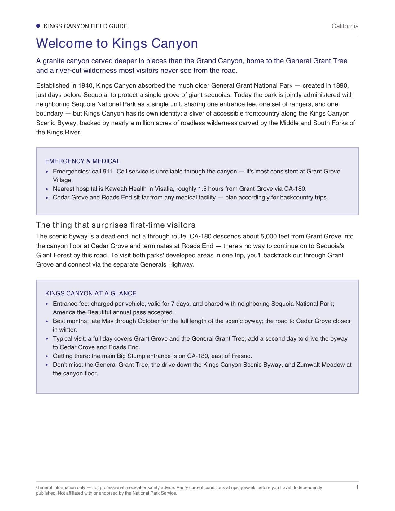 Sample page 1 from the Kings Canyon guide