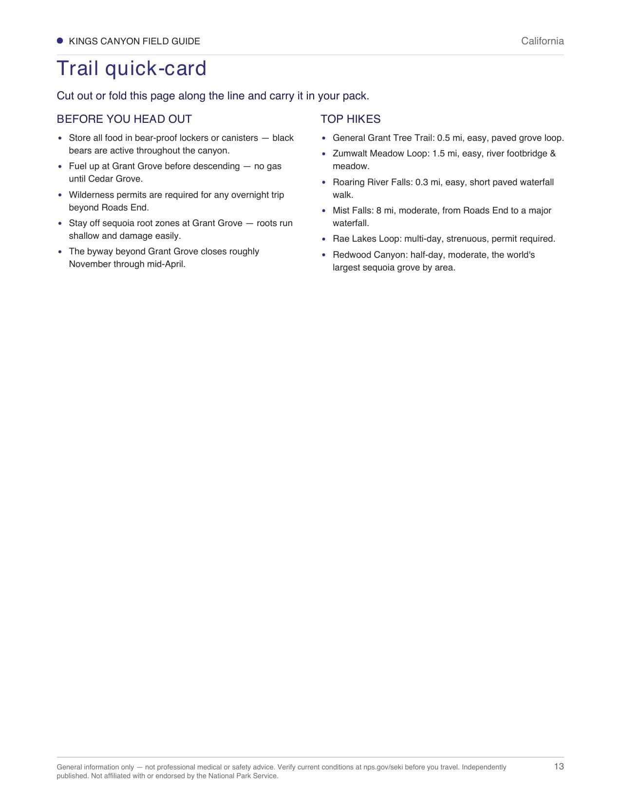 Sample page 3 from the Kings Canyon guide