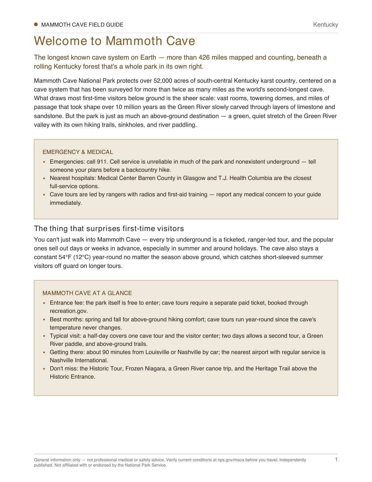 Sample page 1 from the Mammoth Cave guide