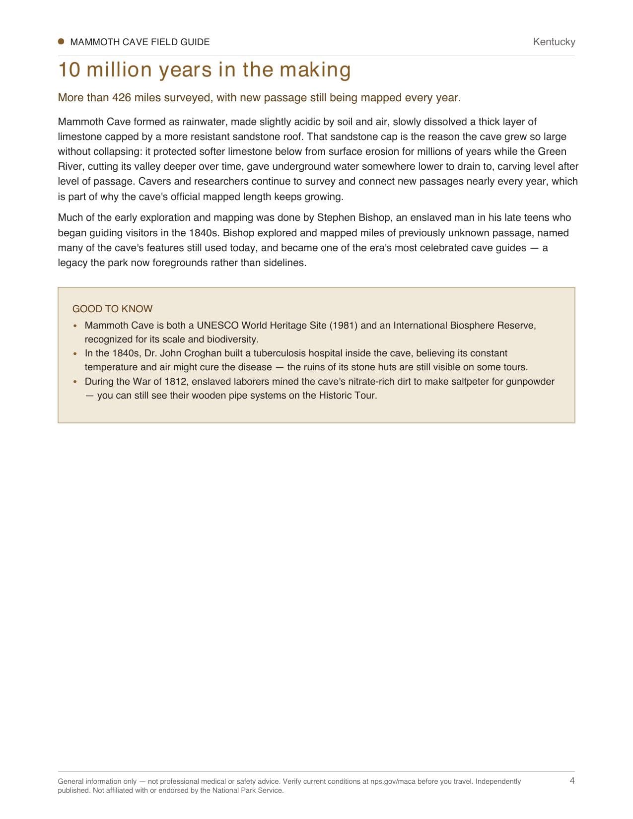Sample page 2 from the Mammoth Cave guide