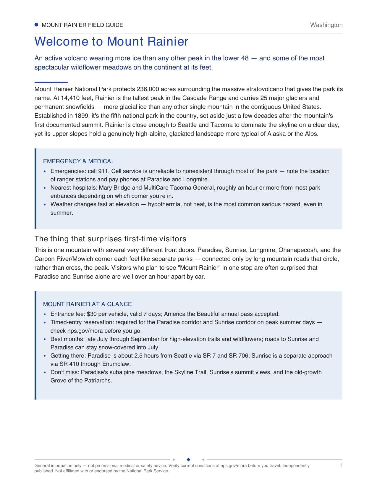 Sample page 1 from the Mount Rainier guide