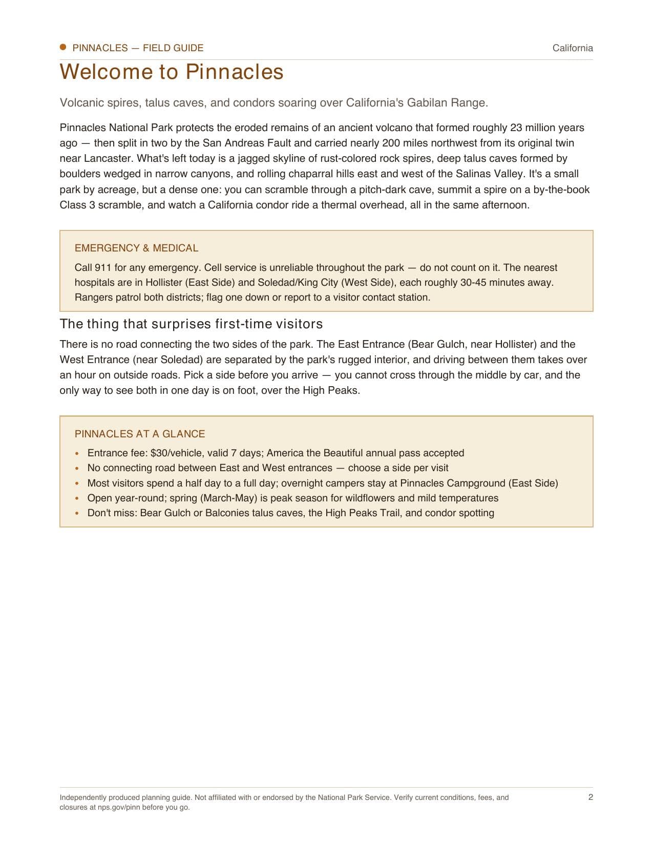Sample page 1 from the Pinnacles guide