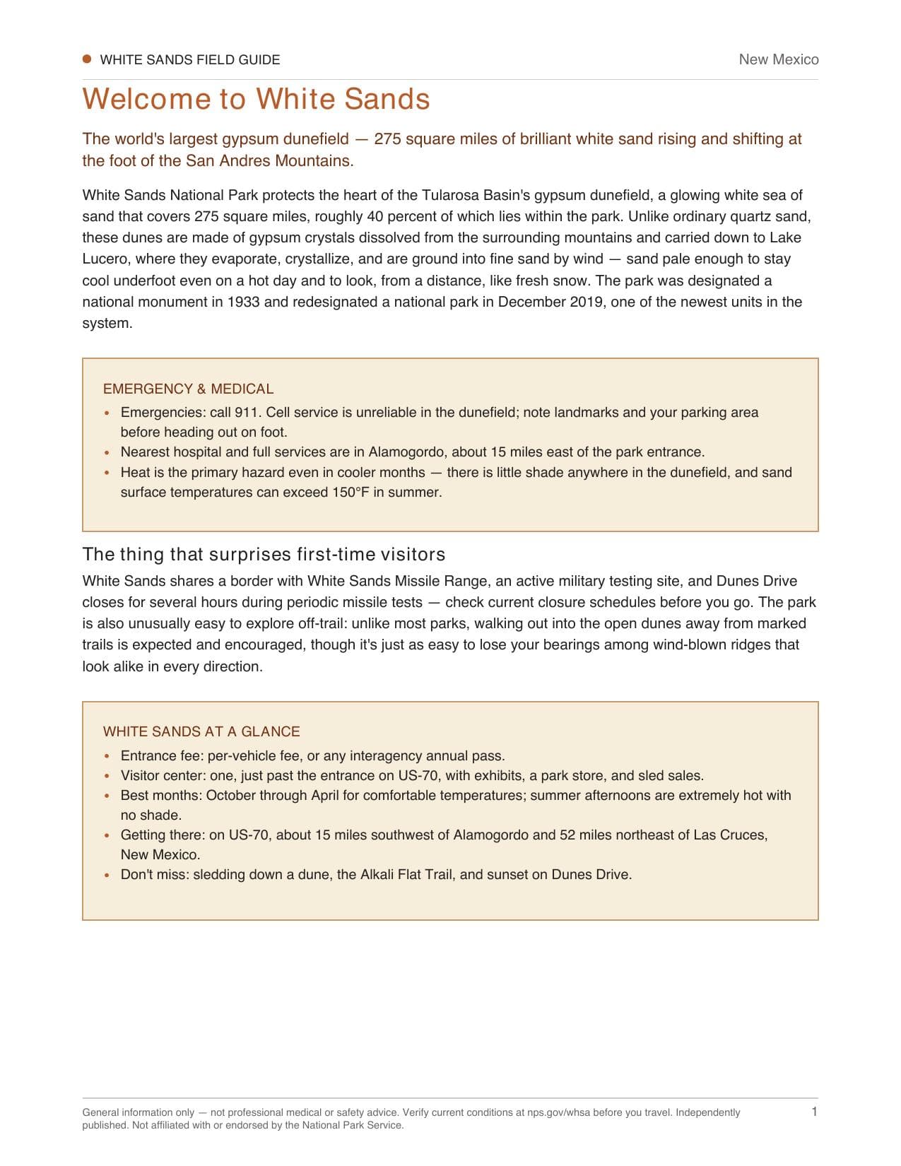 Sample page 1 from the White Sands guide