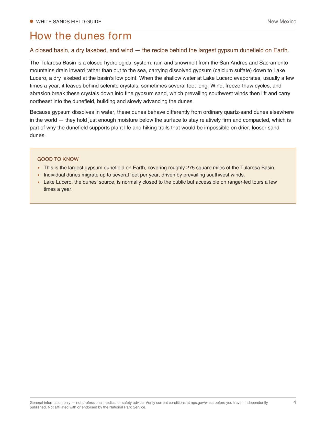Sample page 2 from the White Sands guide