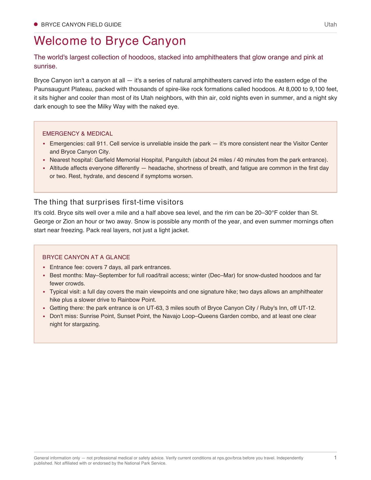 Sample page 1 from the Bryce Canyon guide