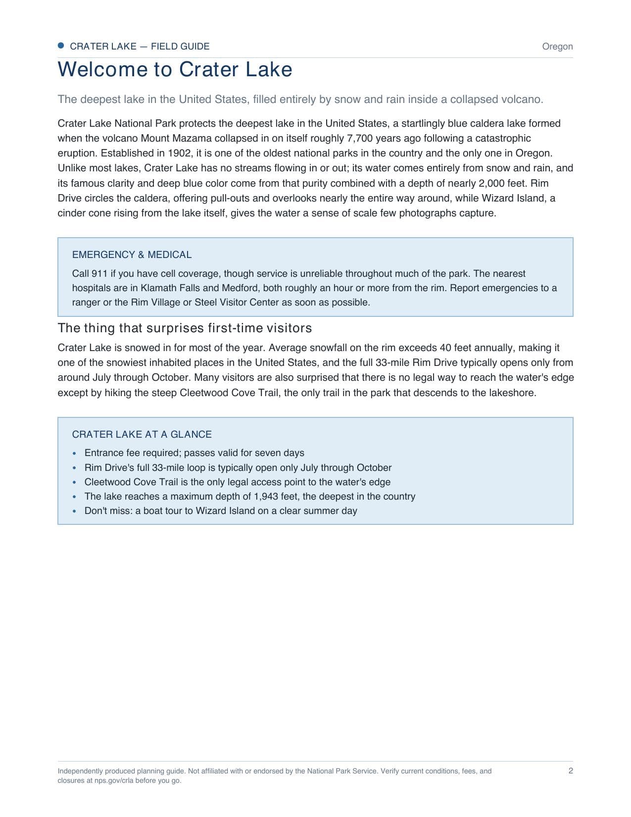 Sample page 1 from the Crater Lake guide