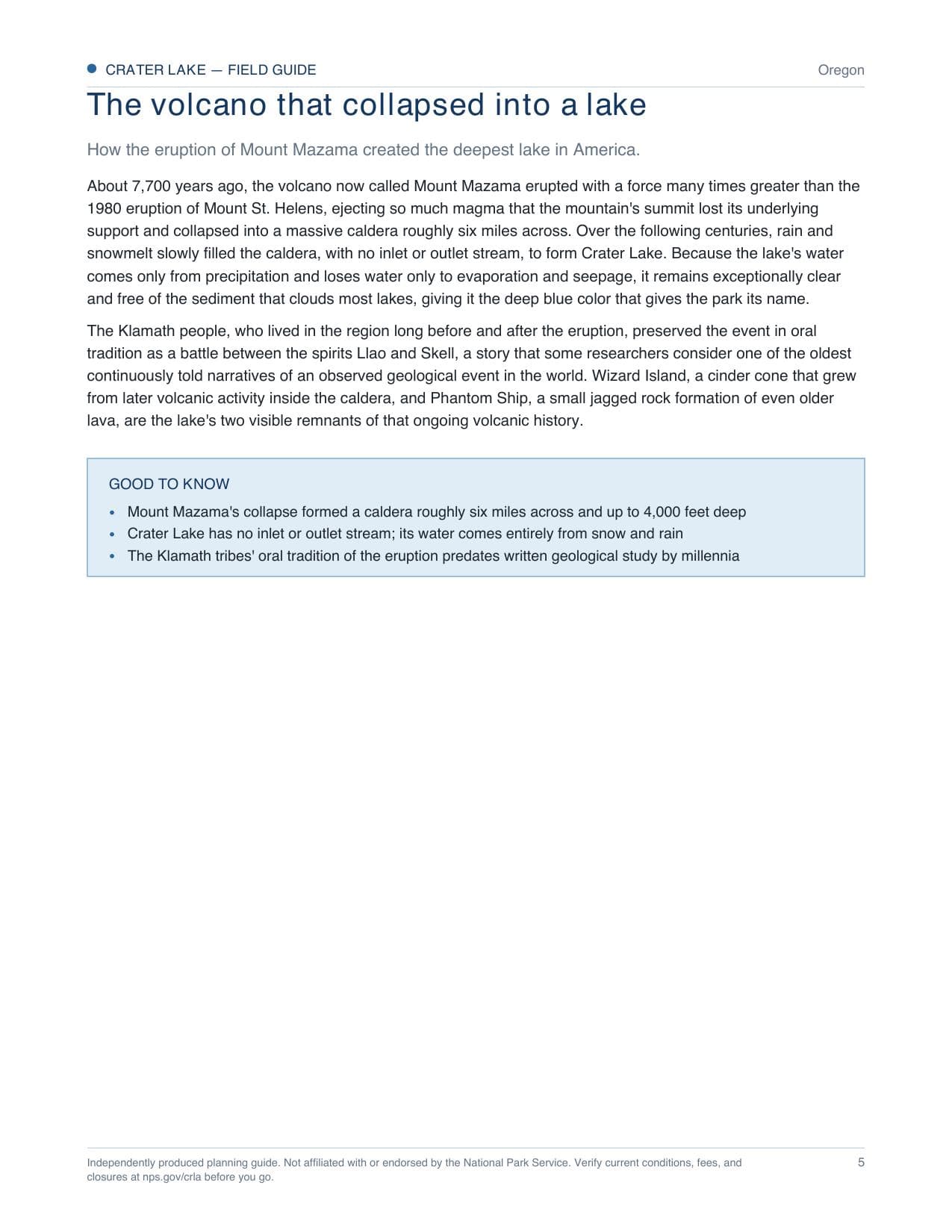 Sample page 2 from the Crater Lake guide