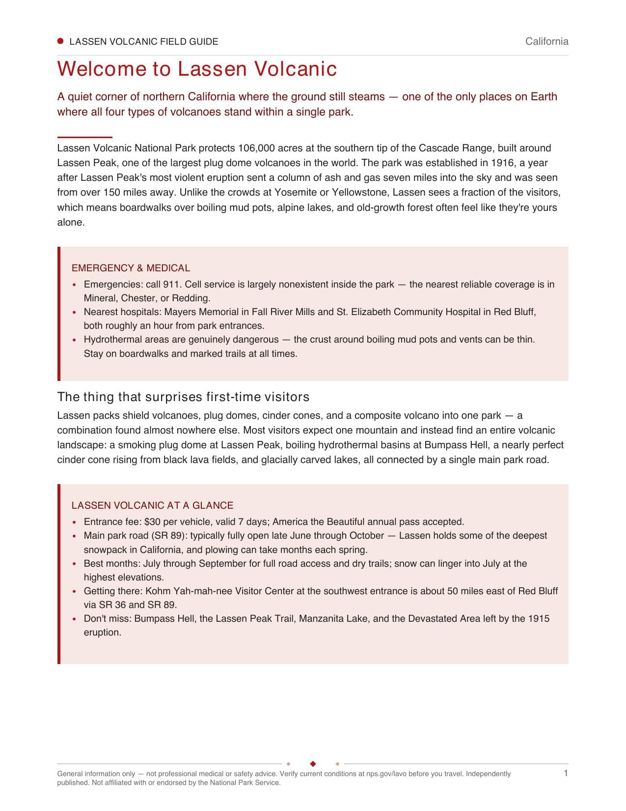 Sample page 1 from the Lassen Volcanic guide