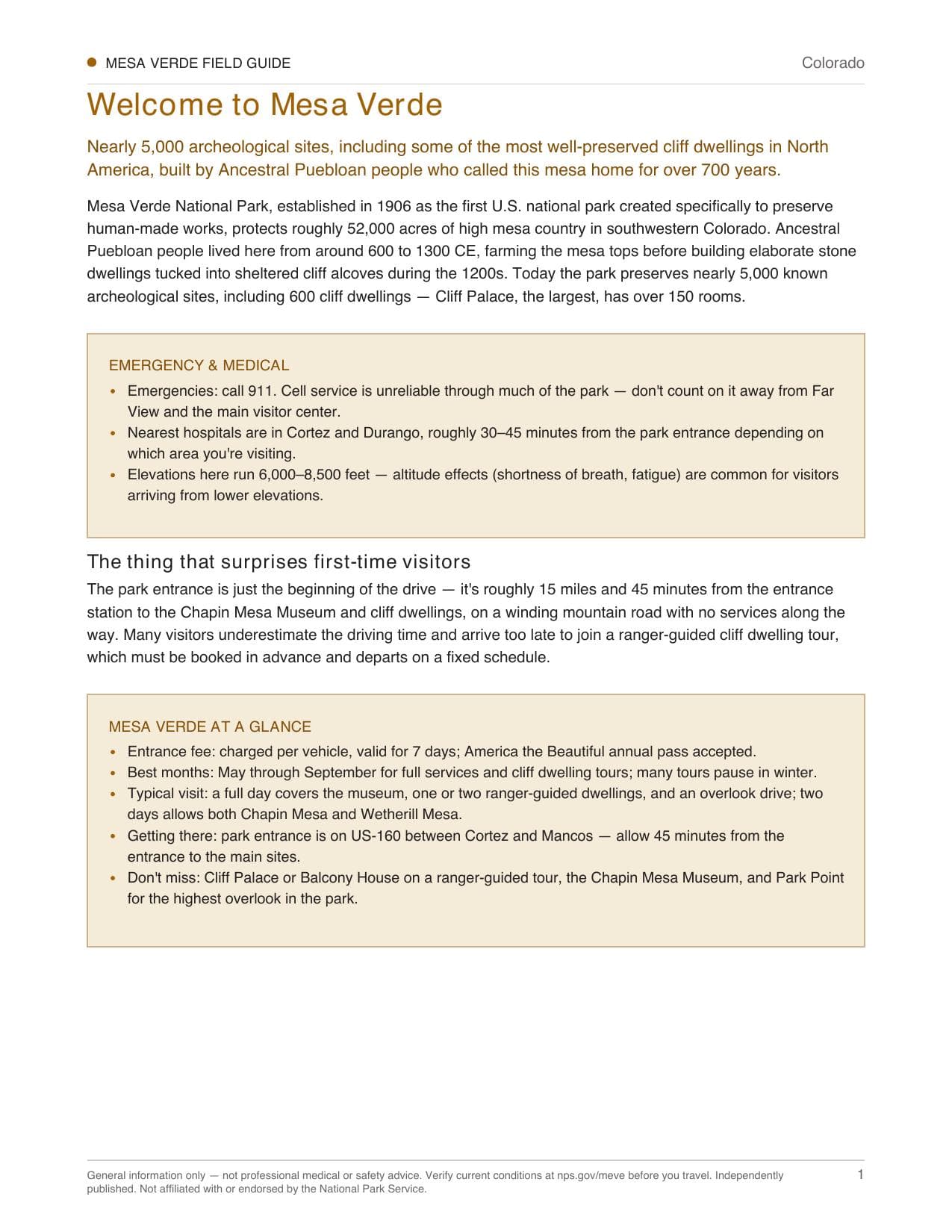 Sample page 1 from the Mesa Verde guide