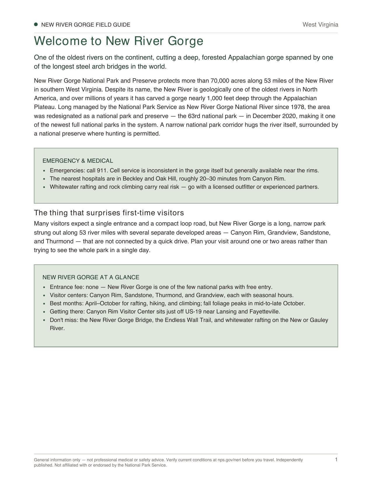 Sample page 1 from the New River Gorge guide