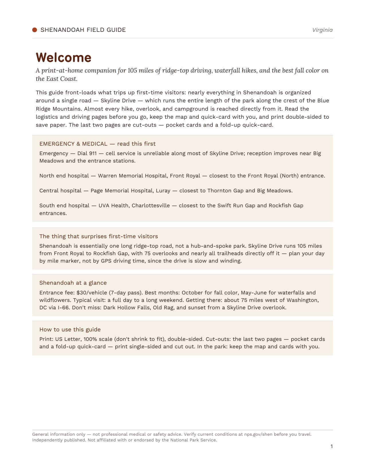 Sample page 1 from the Shenandoah guide