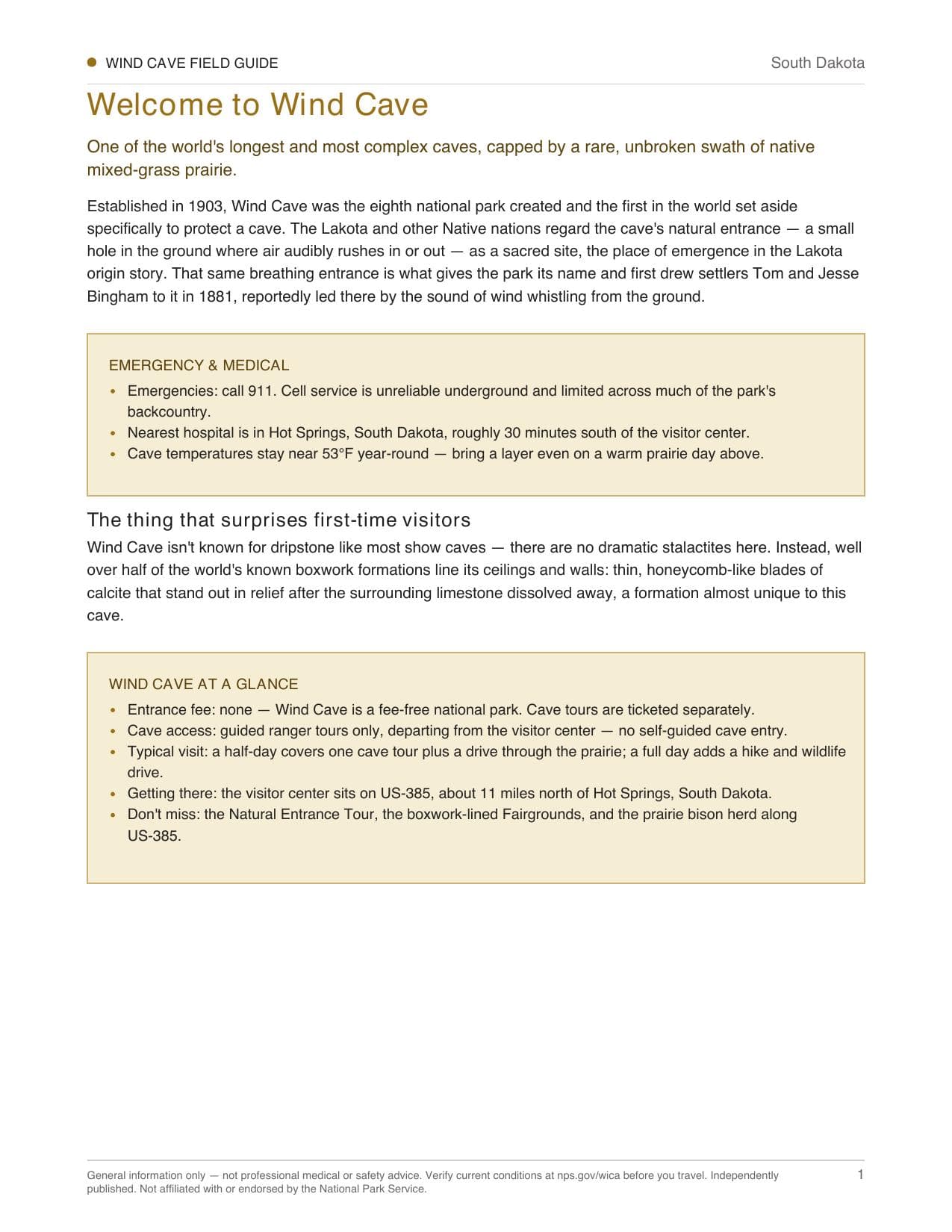 Sample page 1 from the Wind Cave guide