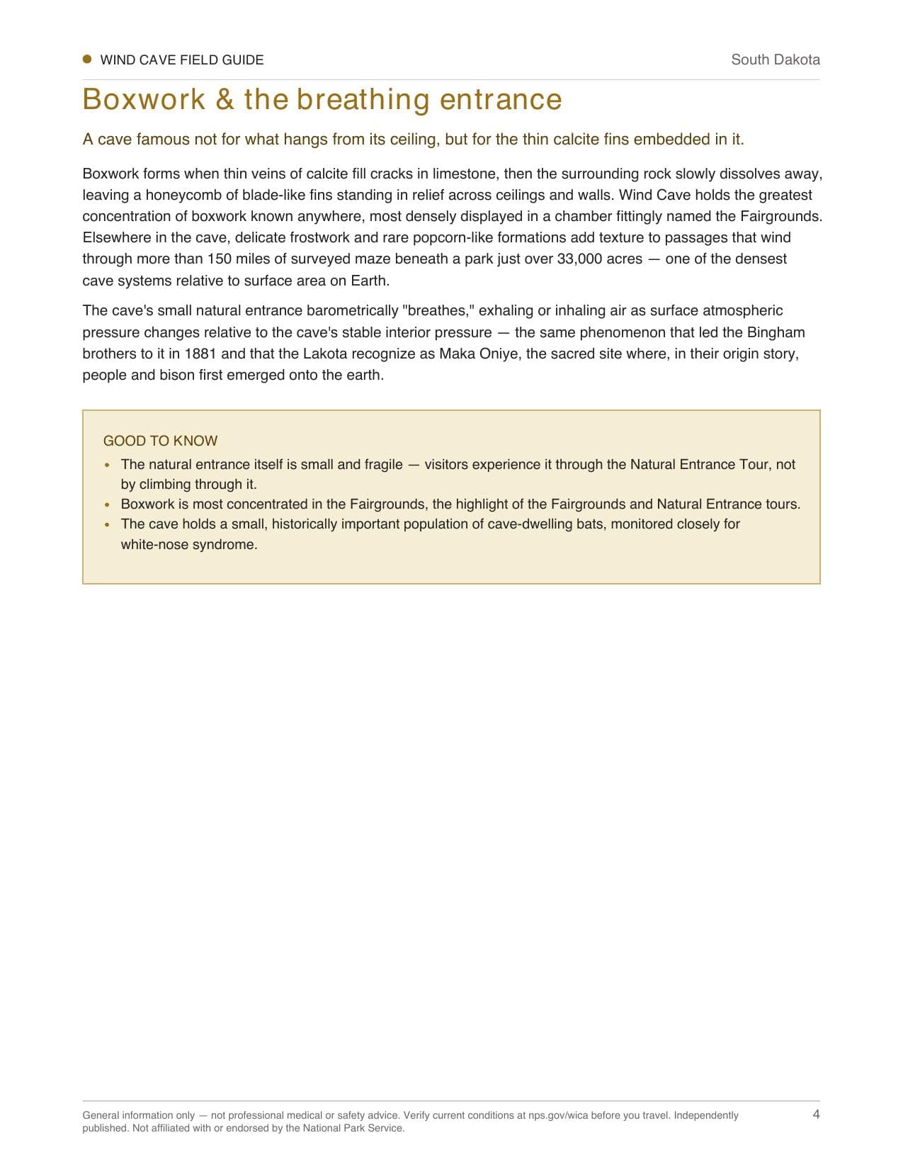 Sample page 2 from the Wind Cave guide